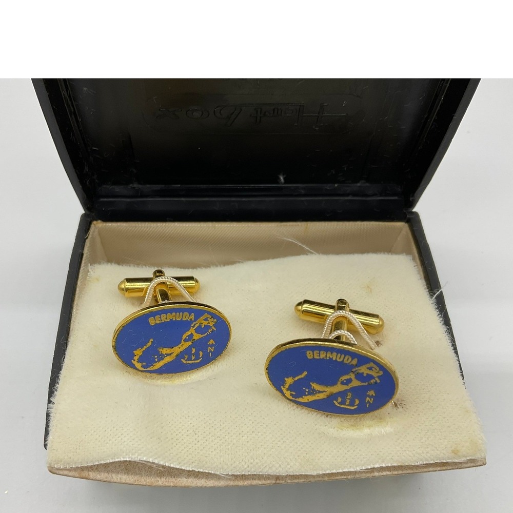 VTG Windsor Bermuda Map Cufflinks Mens Blue Gold Enamel Travel Souvenir Gift Box